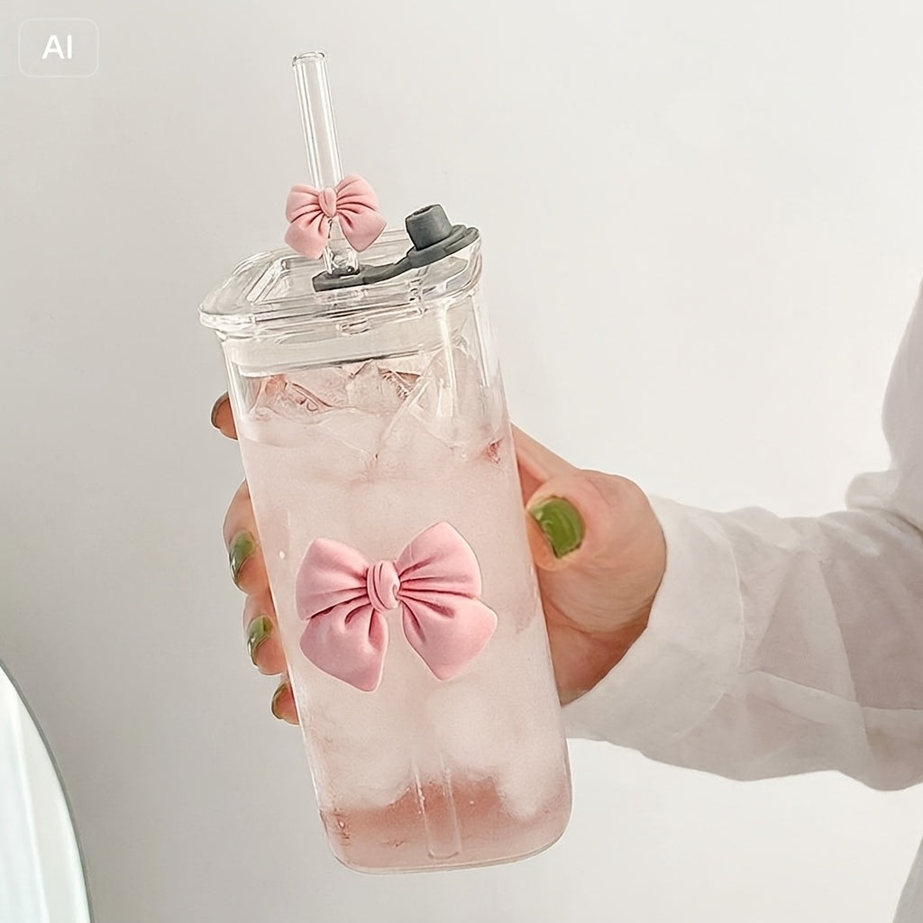 1pc Square Glass Cup, Portable Bow-Shaped Drinking Cup, Suitable for Autumn And Winter Milk Tea, 400Ml, with Lid And Straw, Ideal for Collectors, Family, School, And Outdoor Use, Best Gift for Valentine'S Day, Christmas, And Thanksgiving
