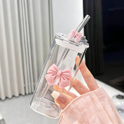 1pc Square Glass Cup, Portable Bow-Shaped Drinking Cup, Suitable for Autumn And Winter Milk Tea, 400Ml, with Lid And Straw, Ideal for Collectors, Family, School, And Outdoor Use, Best Gift for Valentine'S Day, Christmas, And Thanksgiving