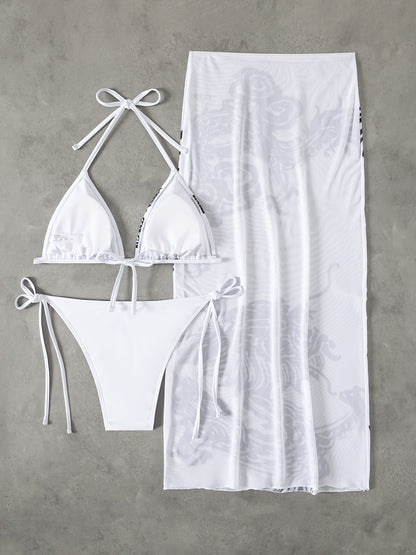 Women'S Stylish Swimwear Featuring a Tie-Neck Dragon Print Bikini Set