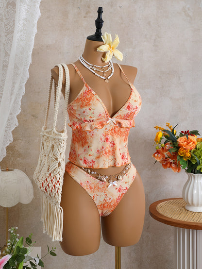 Sweet and Cute Beach Vacation Tankini 2pcs Swimsuit Women's Set with Simple Briefs