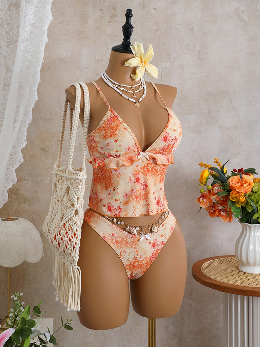 Sweet and Cute Beach Vacation Tankini 2pcs Swimsuit Women's Set with Simple Briefs
