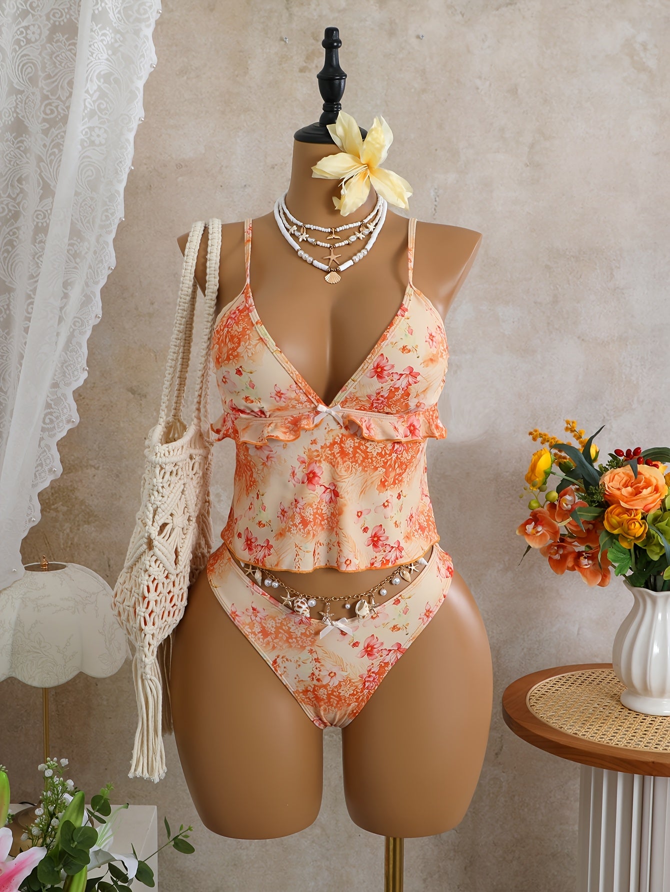 Sweet and Cute Beach Vacation Tankini 2pcs Swimsuit Women's Set with Simple Briefs
