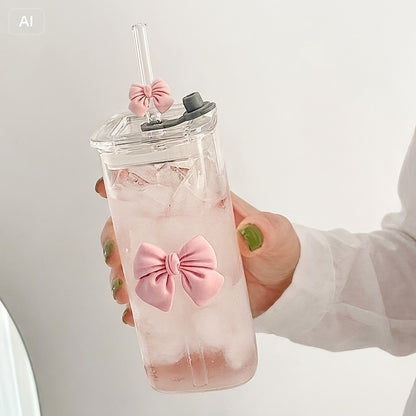 1pc Square Glass Cup, Portable Bow-Shaped Drinking Cup, Suitable for Autumn And Winter Milk Tea, 400Ml, with Lid And Straw, Ideal for Collectors, Family, School, And Outdoor Use, Best Gift for Valentine'S Day, Christmas, And Thanksgiving