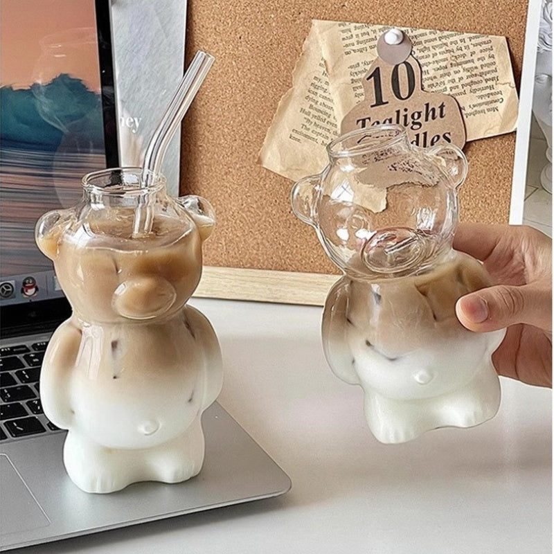 4pcs (2 Cups And 2 Straws) 320Ml/10.8 Oz Borosilicate Bear Glass Cups with Straw Set - Cute Portable Mugs for Coffee, Milk, Iced Coffee, Lemonade - Reusable, Hand Wash solely - Essential for Cafes, Parties & Perfect for Mother'S Day Gifts. Glass Cup
