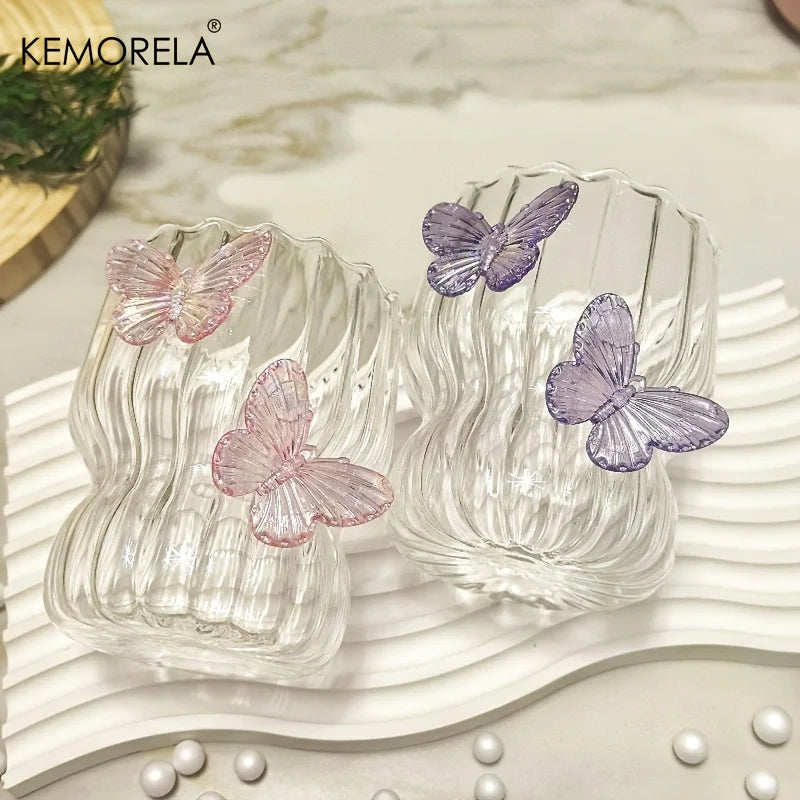 Handmade 3D Butterfly Glass Coffee Cup Elegant Striped Design with Cute Butterfly Pattern Reusable Comfortable Handle Gift