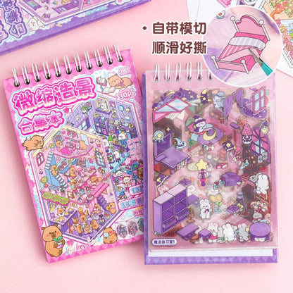 20-Sticker Cute Animal Miniature Scenery Spiral Book, 10 Different Scenes, Stress-Relief Scenery Sticker Album