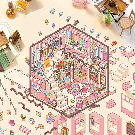 3D Cartoon Landscape Stickers Pink Candy House Miniature World 3D Small House Decompression DIY Scene Hand Account Stickers