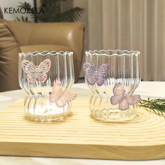 Handmade 3D Butterfly Glass Coffee Cup Elegant Striped Design with Cute Butterfly Pattern Reusable Comfortable Handle Gift