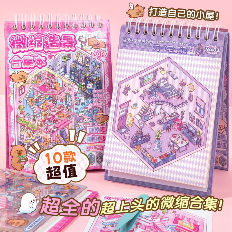 20-Sticker Cute Animal Miniature Scenery Spiral Book, 10 Different Scenes, Stress-Relief Scenery Sticker Album