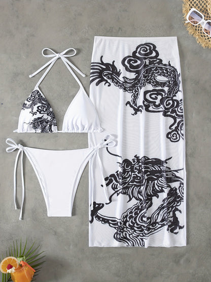 Women'S Stylish Swimwear Featuring a Tie-Neck Dragon Print Bikini Set