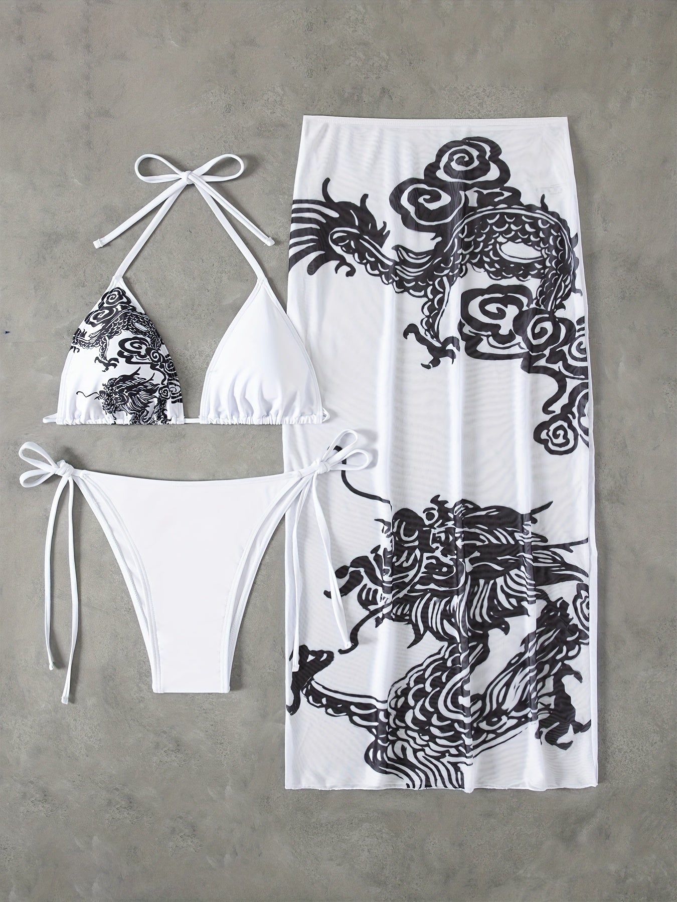 Women'S Stylish Swimwear Featuring a Tie-Neck Dragon Print Bikini Set