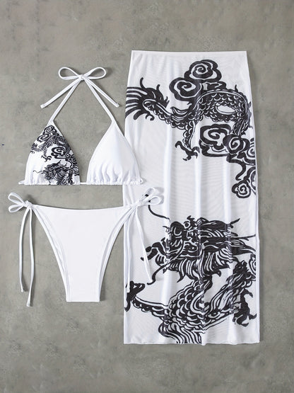 Women'S Stylish Swimwear Featuring a Tie-Neck Dragon Print Bikini Set