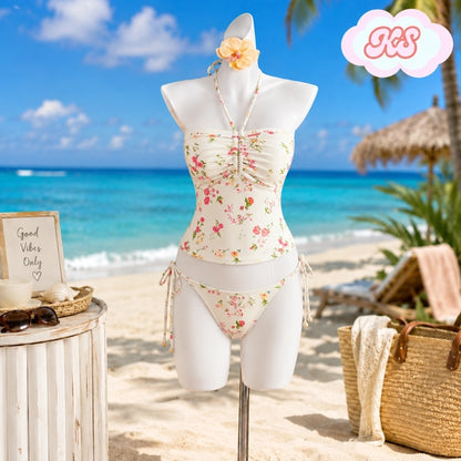 Bikini con top de flores Kawaii verano mujer