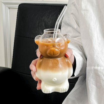 4pcs (2 Cups And 2 Straws) 320Ml/10.8 Oz Borosilicate Bear Glass Cups with Straw Set - Cute Portable Mugs for Coffee, Milk, Iced Coffee, Lemonade - Reusable, Hand Wash solely - Essential for Cafes, Parties & Perfect for Mother'S Day Gifts. Glass Cup