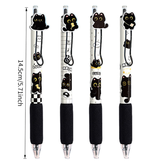 4pcs Gel Pen Boxed Black Cat Themed Neutral Pens, Soft Grip, Retractable, Quick-Dry, Cute Stationery, 0.5Mm Tip, Smooth Writing, Gift Stationery, Office And School Supplies, Practice Pen, Holiday Gift, New Year And Back-To-School Season Gift